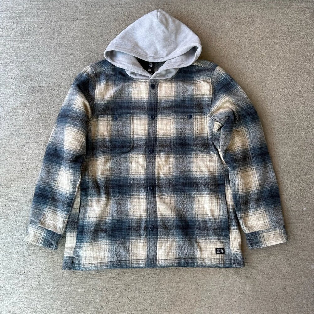 Mountain Hardwear Men’s Hooded Flannel Shirt Jacket Size M Blue Beige‎ Plaid